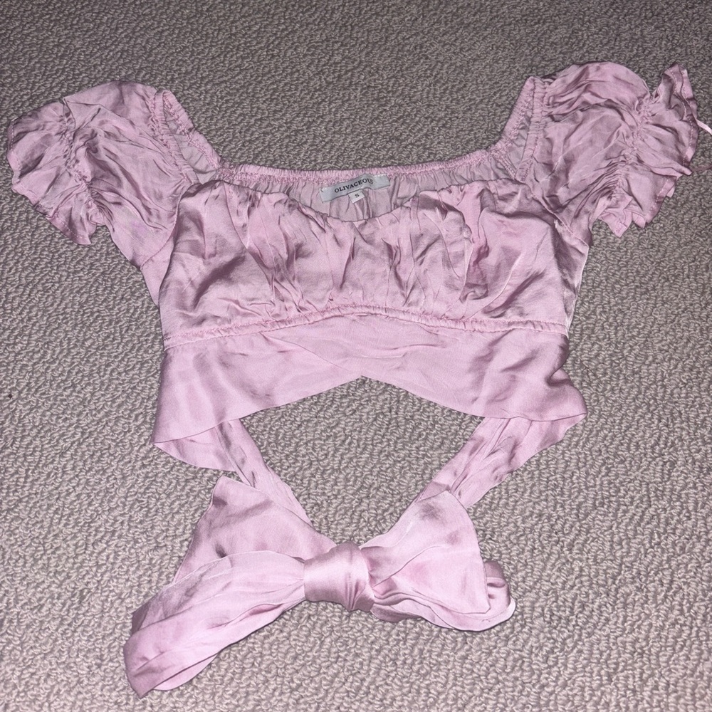 Olivaceous Pink Silk Cropped Puffy Short Sleeve Tie Top Women’s Small